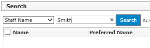 Staff search dialog showing 'Staff Name' in the drop list and 'Smith' in the adjacent field.
