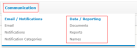 Communication menu with Data / Reporting options highlighted