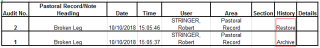 Audit log example showing a record that has been archived and restored.