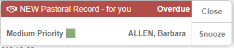 Example of an overdue alert popup, i.e. one that has been 'snoozed'.